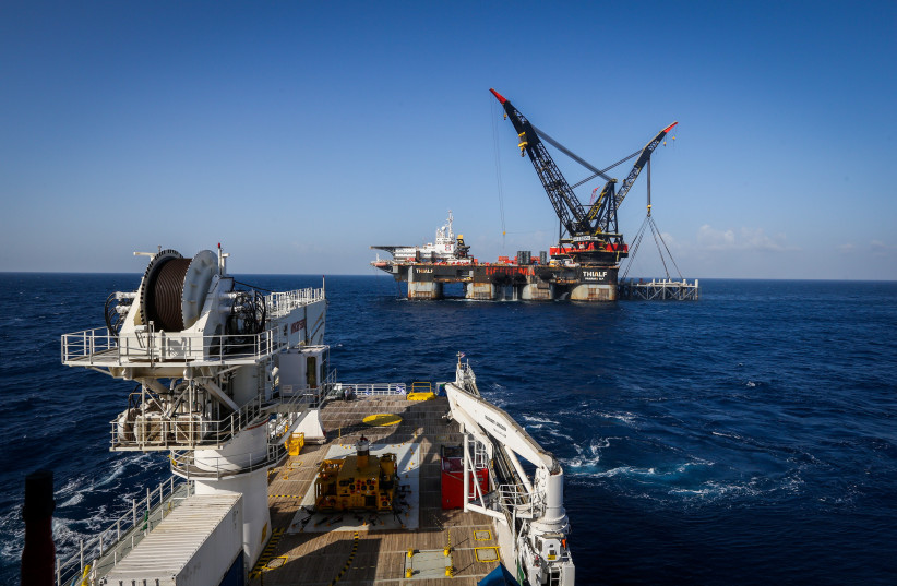  View of the Israeli Leviathan gas field gas processing rig near the Israeli city of Caesarea, on January 31, 2019.  (photo credit: MARC ISRAEL SELLEM/POOL)