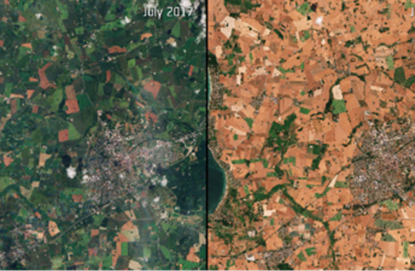  Impact of extreme heatwave and drought in summer 2018 compared to summer 2017, on fields near Slagelse in Zealand, Denmark. (photo credit:  European Space Agency)