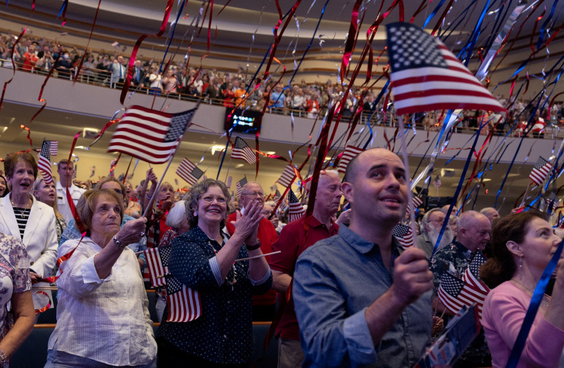  Congregants take part in an annual “Freedom Sunday” service at the First Baptist evangelical Southern Baptist megachurch in Dallas, Texas, US, June 26, 2022.  (photo credit: REUTERS/Shelby Tauber)