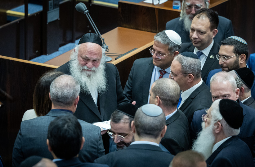  United Torah Judaism leader Yitzhak Goldknopf and Otzma Yehudit chair Itamar Ben-Gvir with MKs from the likely coalition, November 21, 2022. (photo credit: YONATAN SINDEL/FLASH90)