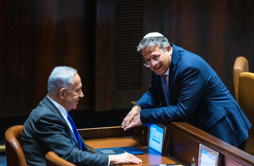  BEFORE THE inauguration of the new government, Benjamin Netanyahu and Itamar Ben-Gvir chat in the Knesset plenum. Netanyahu is doing everything to calm spirits and ensure that he will be the one who guides the coalition, says the writer. (photo credit: OLIVIER FITOUSSI/FLASH90)