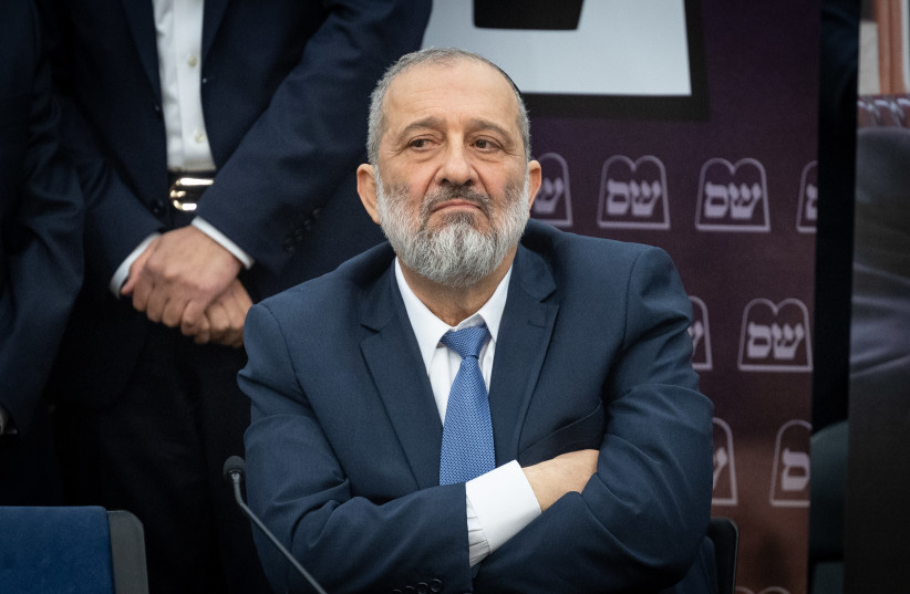  Shas leader MK Aryeh Deri seen during a Shas party meeting, at the Knesset, the Israeli parliament in Jerusalem, on January 23, 2023.  (photo credit: YONATAN SINDEL/FLASH90)