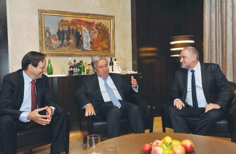  RIGHT TO left: The writer meets with UN Secretary-General António Guterres and former Israeli cabinet minister Dan Meridor in Jerusalem, in 2017. (photo credit: Sonia Gomes De Mesquita)