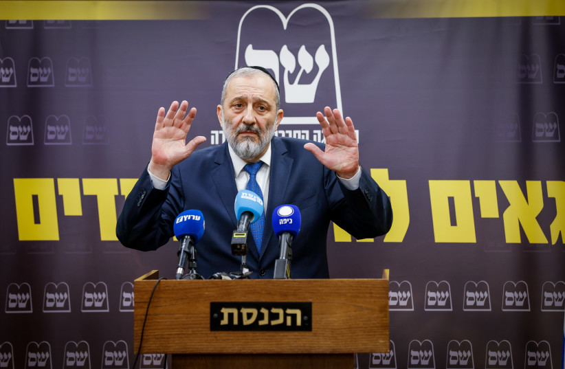 Shas leader MK Aryeh Deri at a party meeting, in the Knesset, the Israeli parliament in Jerusalem, on January 30, 2023. (photo credit: OLIVIER FITOUSSI/FLASH90)