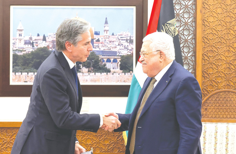  US SECRETARY of State Antony Blinken meets with PA head Mahmoud Abbas in Ramallah, last week. (photo credit: Ronaldo Schemidt/Reuters)