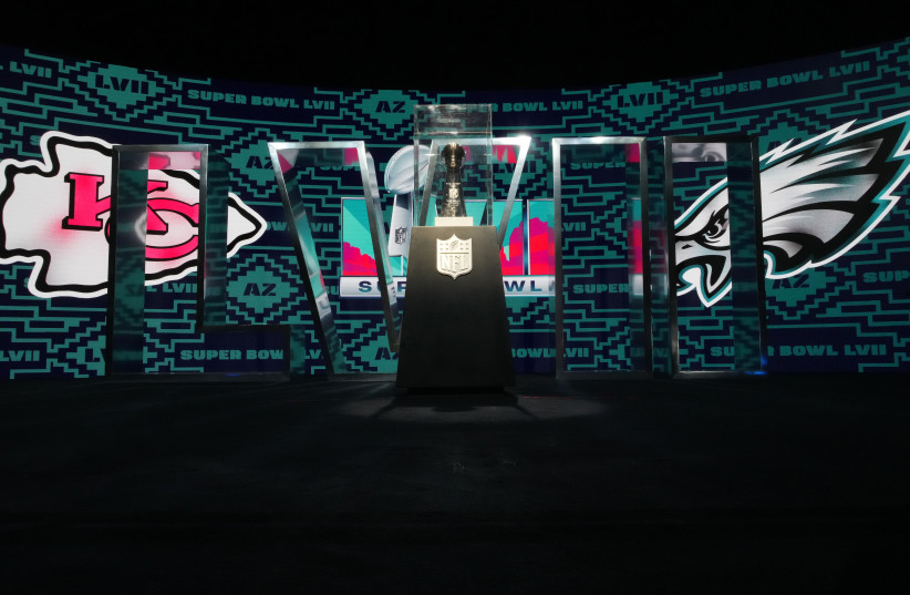 The Vince Lombardi trophy at the Super Bowl LVII Experience at the Phoenix Convention Center, Phoenix, Arizona, United States, February 8, 2023 (photo credit: KIRBY LEE-USA TODAY SPORTS)