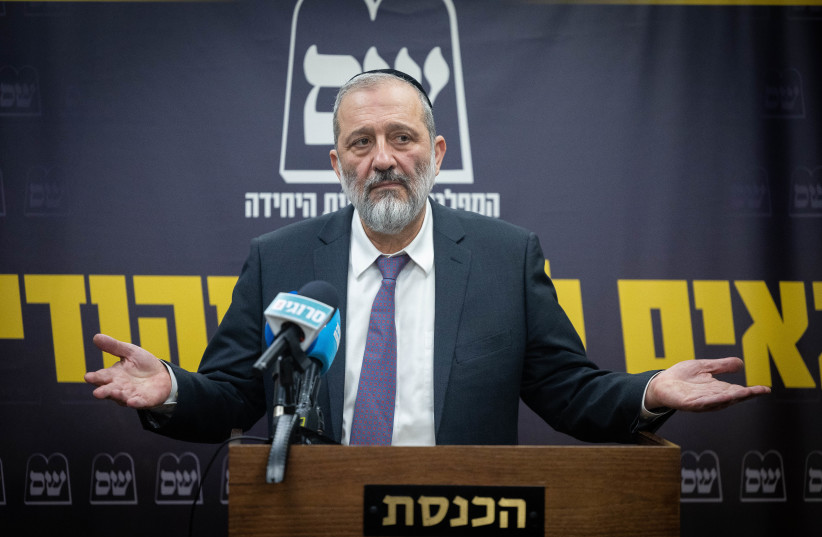  Head of the Shas party Aryeh Deri, leads a faction meeting, at the Knesset, the Israeli parliament in Jerusalem, on February 6, 2023. (photo credit: YONATAN SINDEL/FLASH90)
