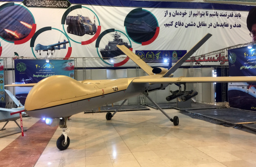 Shahed 129 UAV at the Eqtedar 40 defense exhibition in Tehran (photo credit: FARS MEDIA CORPORATION/CC BY 4.0 (https://creativecommons.org/licenses/by/4.0)/VIA WIKIMEDIA COMMONS)