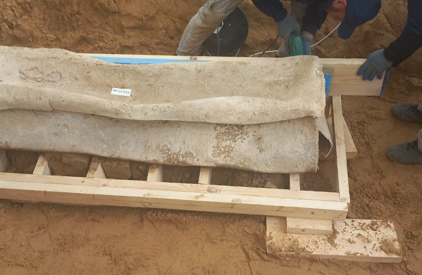  A team of archeological experts and workers, preserve a newly-discovered Roman coffin in a wooden box at the site of a 2000-year-old Roman cemetery in northern Gaza Strip February 14, 2023 (photo credit: Government Media Office/Handout via Reuters)