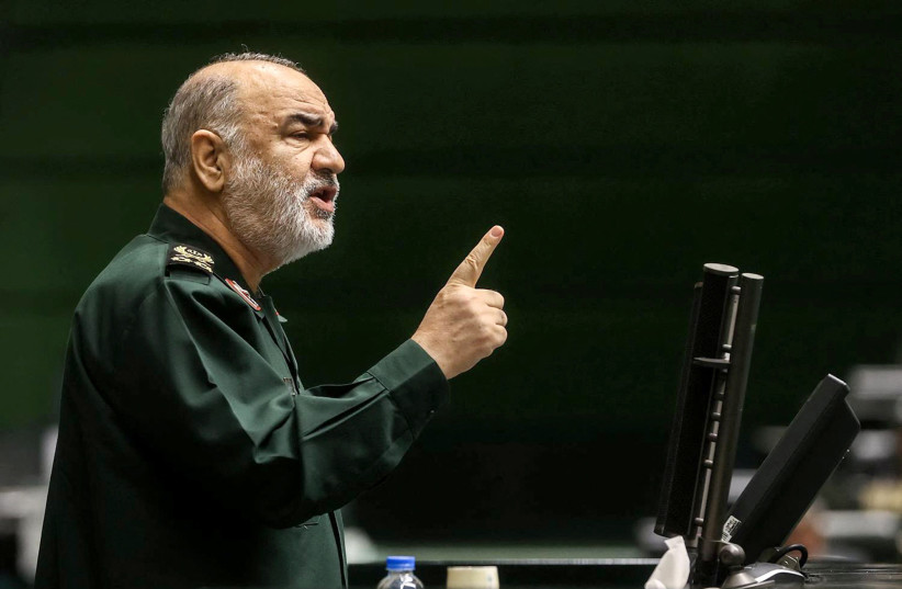  Islamic Revolutionary Guard Corps (IRGC) Commander-in-Chief Major General Hossein Salami speaks during a parliament meeting in Tehran, Iran, January 22, 2023. (photo credit: Iranian Parliament website/WANA (West Asia News Agency)/Handout via REUTERS)