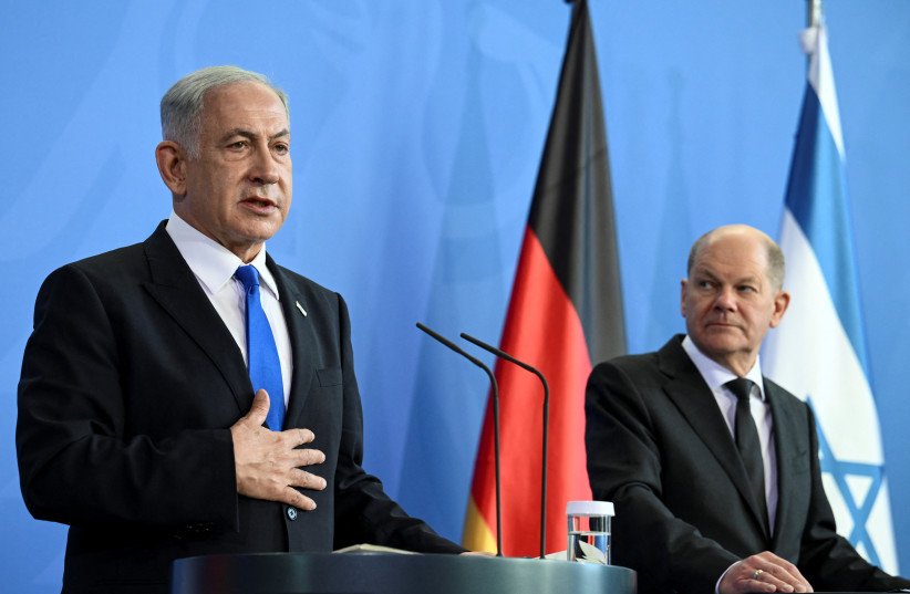 German Chancellor Olaf Scholz and Israeli Prime Minister Benjamin Netanyahu address a news conference at the Chancellery in Berlin, Germany, March 16, 2023. (photo credit: REUTERS/ANNEGRET HILSE)