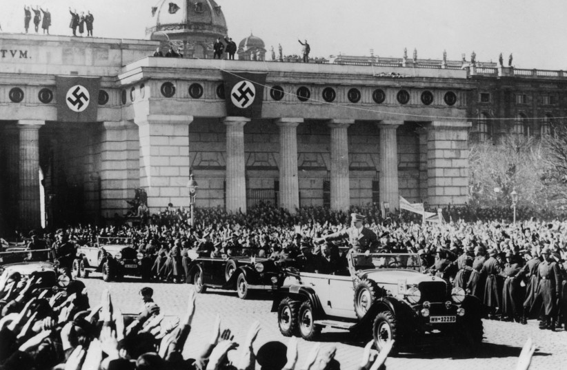  ADOLF HITLER reviews his troops during the victory parade in Vienna following the German annexation of Austria, March 16, 1938. Hitler called Lueger ‘the greatest German mayor of all times’ in ‘Mein Kampf.’  (photo credit: Keystone/Hulton Archive/Getty Images)