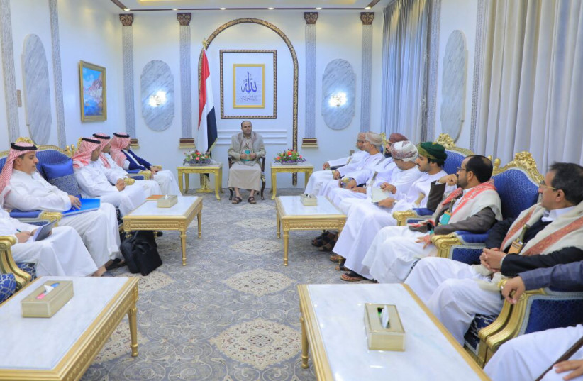  The head of the Houthi Supreme Political Council, Mahdi al-Mashat, meets with Saudi and Omani delegations at the Republican Palace in Sanaa, Yemen April 9, 2023 (photo credit: Saba News Agency /Handout via REUTERS)