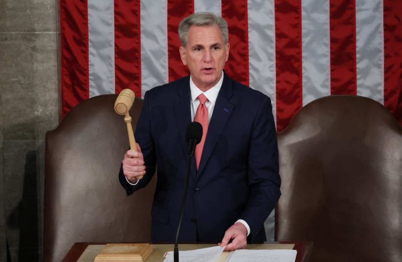 Speaker of the House Kevin McCarthy (R-CA) wields the speaker's gavel as members of Congress gather on the House floor to attend U.S. President Joe Biden's State of the Union address before a joint session of Congress in the House Chamber at the U.S. Capitol in Washington, US, February 7, 2023. (photo credit: REUTERS/LEAH MILLIS)