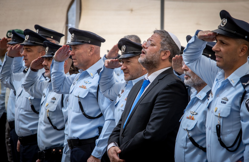  Chief of police Kobi Shabtai and Minister of National Security Itamar Ben Gvir at the Israel Police Independence Day ceremony at the National Headquarters of the Israel Police in Jerusalem April 20, 2023. (photo credit: OREN BEN HAKOON/FLASH90)