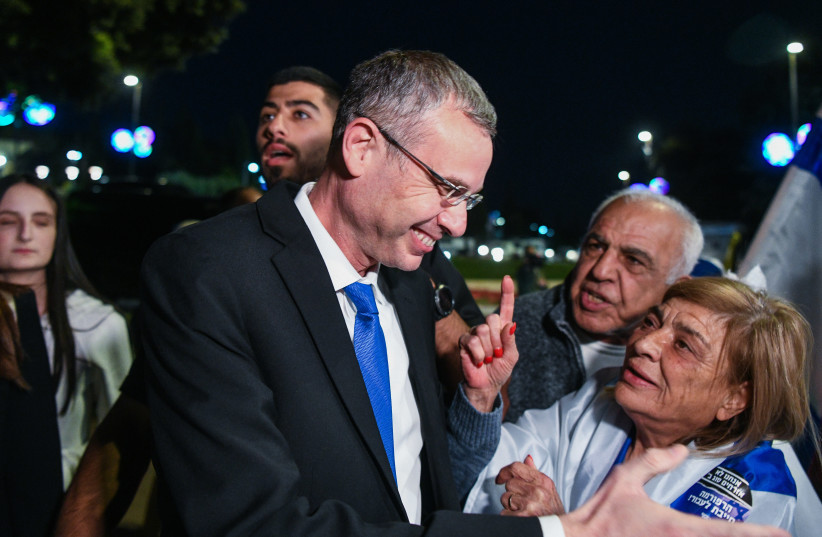  Justice Minister Yariv Levin at a rally in support of the government's planned judicial overhaul, outside the Knesset, the Israeli parliament in Jerusalem, on April 27, 2023.  (photo credit: ARIE LEIB ABRAMS/FLASH 90)