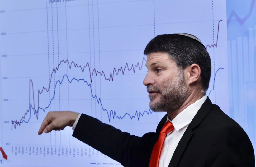  Israeli Finance Minister Bezalel Smotrich is seen pointing downwards at a Religious Zionist Party faction meeting in Jerusalem, on May 1, 2023. (photo credit: MARC ISRAEL SELLEM/THE JERUSALEM POST)