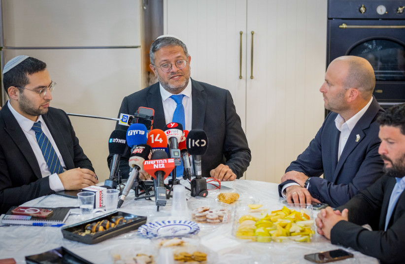  Itamar Ben Gvir, Minister of National Security and head of the Otzma Yehudit political party gives a press statement during a party meeting in the southern Israeli city of Sderot, May 3, 2023. (photo credit: FLASH90)