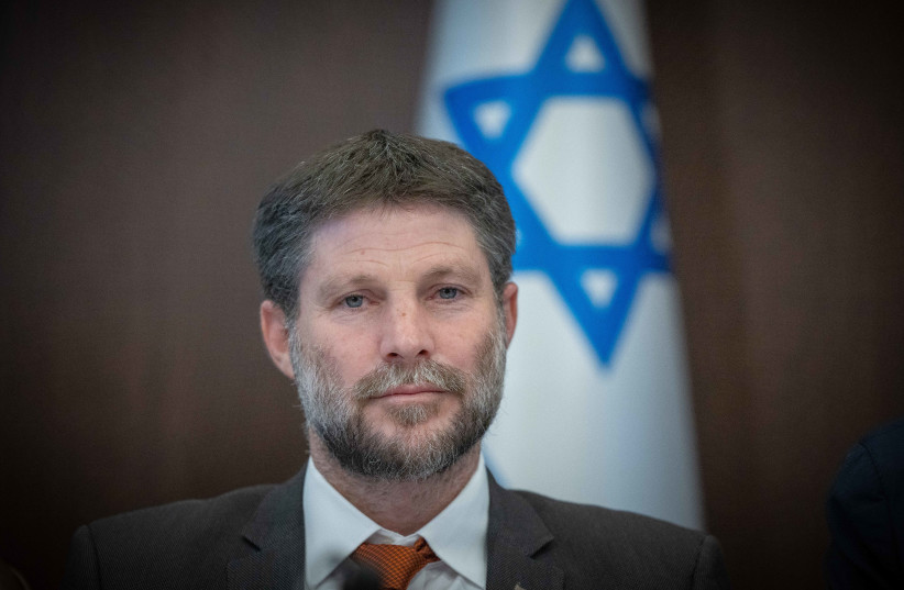 Finance Minister Bezalel Smotrich is seen during a cabinet meeting in Jerusalem on May 14, 2023 (photo credit: YONATAN SINDEL/FLASH90)