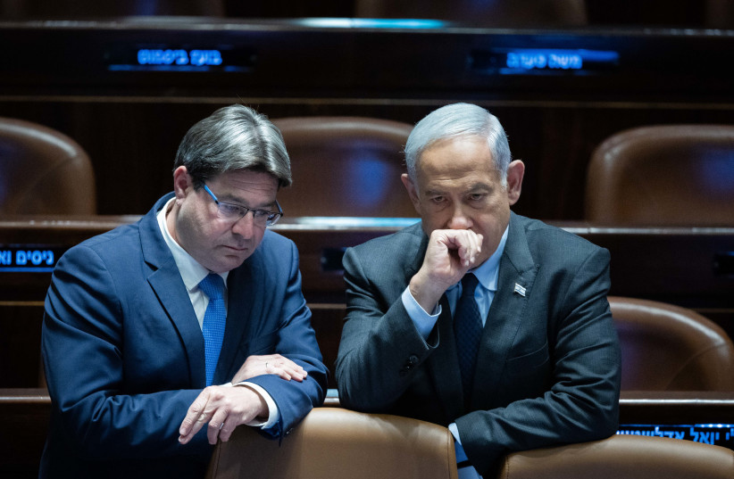  Science and Technology Minister Ofir Akunis is seen with Prime Minister Benjamin Netanyahu in Jerusalem, on May 1, 2023 (photo credit: YONATAN SINDEL/FLASH90)