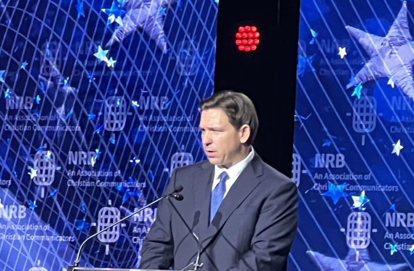  Florida Governor Ron DeSantis is seen speaking at the National Religious Broadcasting conference in Orlando, on May 22, 2023. (photo credit: MAAYAN JAFFE-HOFFMAN)