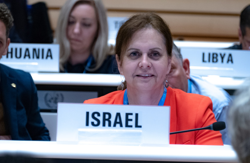 Ambassador Meirav Eilon Shahar, Israel's Permanent Represesentative to the United Nations & International Organizations in Geneva, during a meeting at the 76th World Health Assembly. (photo credit: Permanent Mission of Israel in Geneva/ Nathan Chicheportiche)