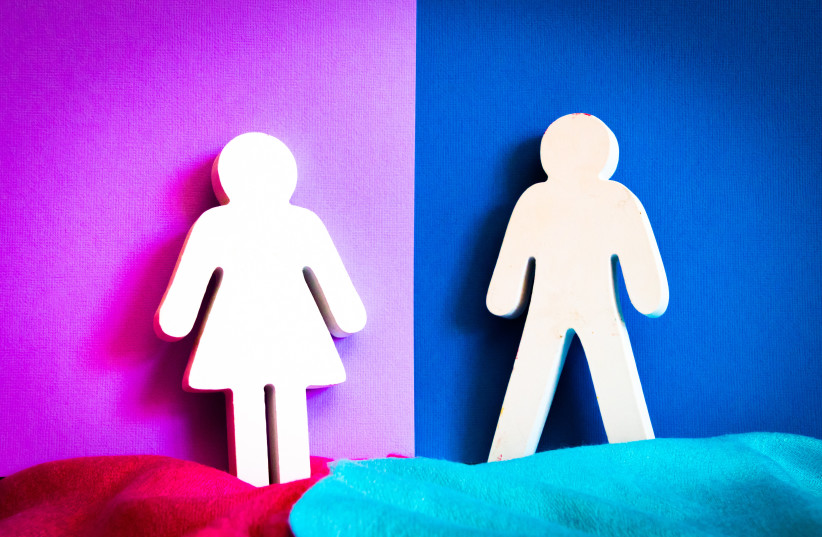 Girl and boy cutout decals on pink and blue backgrounds. (photo credit: Magda Ehlers/Pexels)