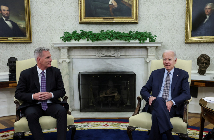   U.S. President Joe Biden hosts debt limit talks with U.S. House Speaker Kevin McCarthy (R-CA) in the Oval Office at the White House in Washington, U.S., May 22, 2023 (photo credit: REUTERS/LEAH MILLIS/FILE PHOTO)