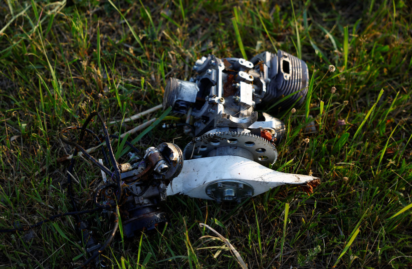 Parts of a Russian suicide drone are seen at a compound of a tobacco factory damaged during a strike, amid Russia's attack on Ukraine, in Kyiv, Ukraine May 28, 2023. (photo credit: VALENTYN OGIRENKO/REUTERS)