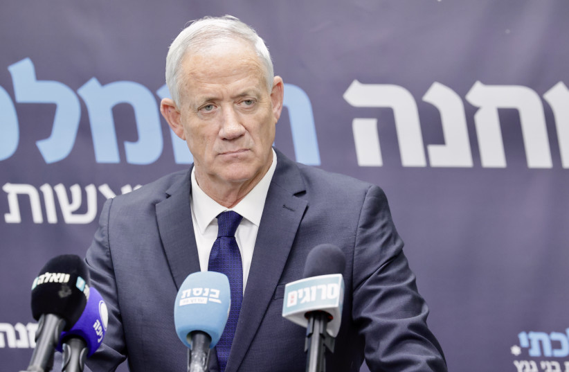 National Unity leader MK Benny Gantz speaks during a Knesset faction meeting on May 29, 2023 (photo credit: MARC ISRAEL SELLEM)