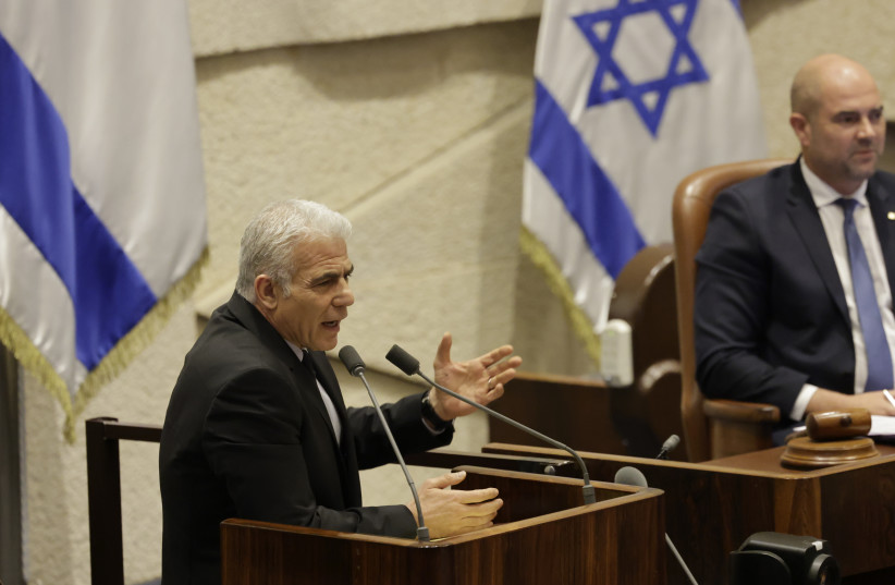  Israeli opposition leader Yair Lapid is seen addressing the Knesset, in Jerusalem, on May 29, 2023. (photo credit: MARC ISRAEL SELLEM/THE JERUSALEM POST)