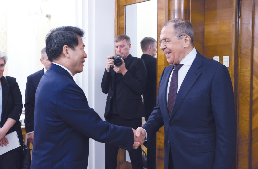  CHINESE SPECIAL Envoy for Eurasian Affairs Li Hui meets Russian Foreign Minister Sergei Lavrov in Moscow, last week. Beijing, which nurtures robust ties with Russia, has also established a hotline with Ukraine.  (photo credit: RUSSIAN FOREIGN MINISTRY/REUTERS)