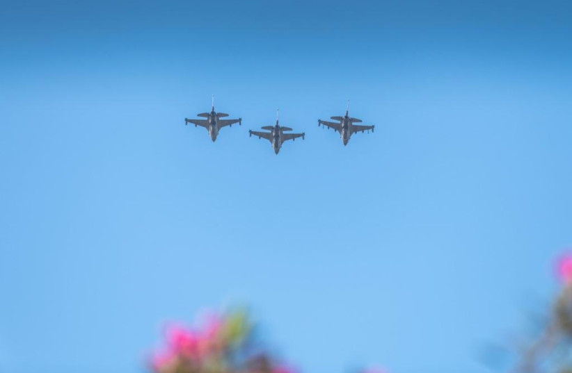  IAF fighter jets are seen at a ceremony commemorating 75 years since Israel's first-ever airstrike, at Ad Halom near Ashdod, on May 29, 2023. (photo credit: IDF SPOKESPERSON'S UNIT)