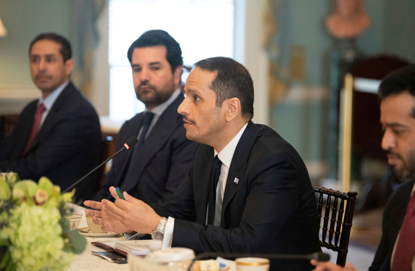  Qatar's then deputy prime minister and foreign minister, Mohammed bin Abdulrahman Al Thani, speaks during a meeting with U.S. Secretary of State Antony Blinken, in Washington, U.S. February 10, 2023 (photo credit: Kevin Wolf/Pool via REUTERS)