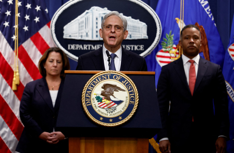 Attorney General Merrick Garland is flanked by Deputy Attorney General Lisa Monaco and Assistant Attorney General for the Criminal Division Kenneth Polite as he announces his appointment of Jack Smith as a special counsel for the investigations of former President Donald Trump, November 2022 (photo credit: EVELYN HOCKSTEIN/REUTERS)