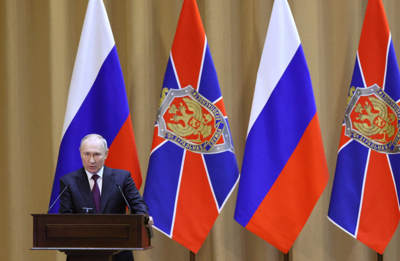  Russian President Vladimir Putin delivers a speech during a meeting of the Federal Security Service (FSB) collegium in Moscow, Russia, February 28, 2023.  (photo credit: SPUTNIK/GAVRIIL GRIGOROV/POOL VIA REUTERS)