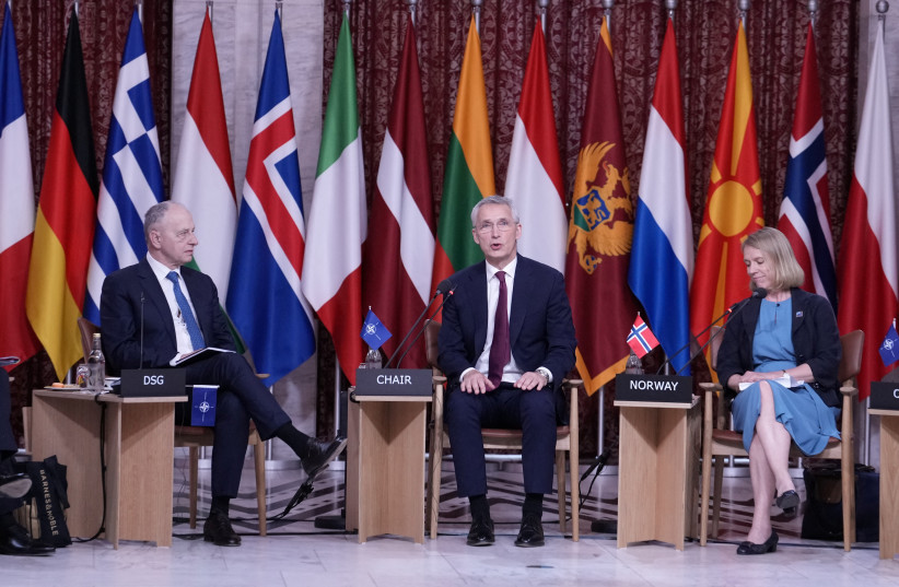  NATO Deputy Secretary-General Mircea Geoana, NATO Secretary General Jens Stoltenberg and Norway's Foreign Minister Anniken Huitfeldt attend NATO's informal meeting of foreign ministers in Oslo, Norway June 1, 2023. (photo credit: JAVAD PARSA/NTB/via REUTERS)