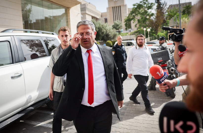  National Security Minister Itamar Ben-Gvir speaks to the press outside the police headquarters during the annual Jerusalem pride march on June 1, 2023 (photo credit: YONATAN SINDEL/FLASH90)