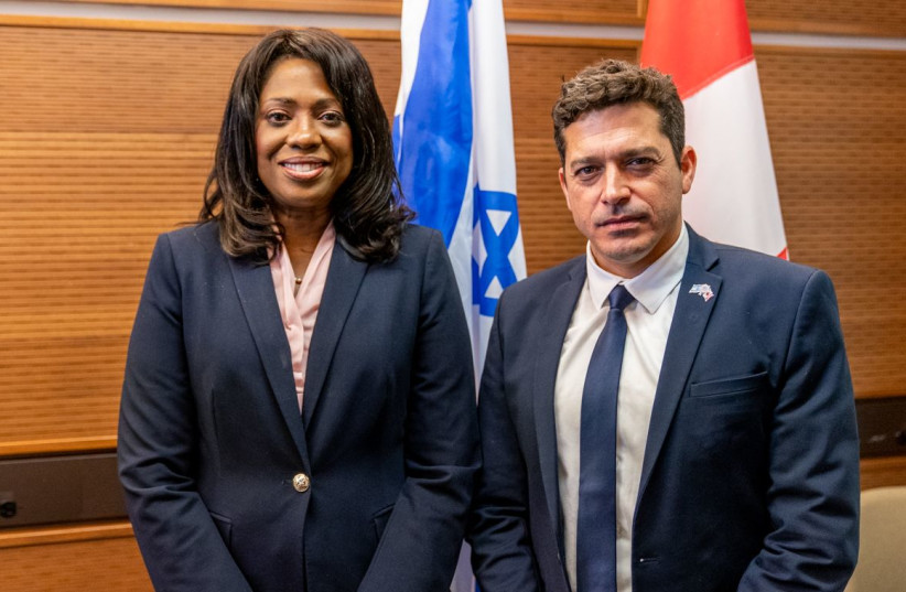  Chair of the Canadian Parliamentary Israel Allies Caucus, MP Leslyn Lewis with Diaspora Minsiter Amichai Chikli (photo credit: BERNARD THIBODEAU)