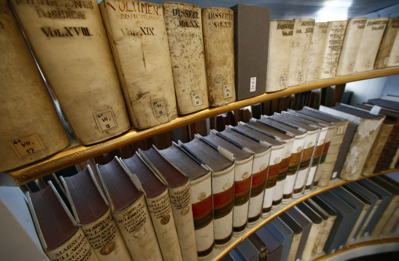 Historic books are pictured at the Duchess Anna Amalia Library in Weimar August 15, 2014. (photo credit: RALPH ORLOWSKI/REUTERS)
