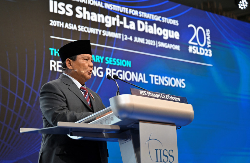  Indonesia's Minister of Defence Prabowo Subianto speaks at a plenary session of the 20th IISS Shangri-La Dialogue in Singapore June 3, 2023. (photo credit: REUTERS/CAROLINE CHIA)