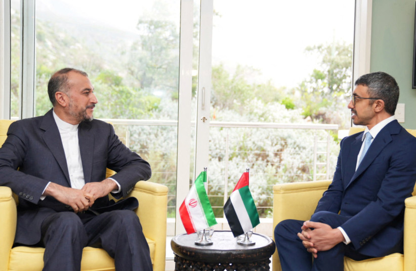  Iranian Foreign Minister Hossein Amir-Abdollahian meets with UAE Foreign Minister Abdullah bin Zayed in Cape Town, South Africa, June 2, 2023. (photo credit: IRAN'S FOREIGN MINISTRY/WANA (WEST ASIA NEWS AGENCY)/HANDOUT VIA REUTERS)
