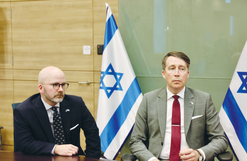  EUROPEAN PARLIAMENT Member Charlie Weimers (left) and Sweden Democrats lawmaker Richard Jomshof visit the Knesset, last month. (photo credit: MARC ISRAEL SELLEM/THE JERUSALEM POST)