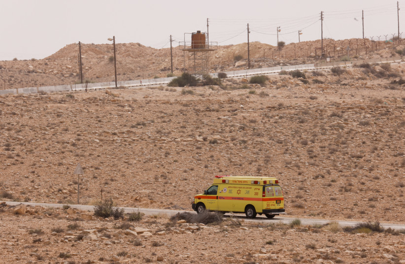  An emergency vehicle is seen near the site of a reported security incident near Israel's southern border with Egypt, Israel June 3, 2023. (photo credit: REUTERS/AMIR COHEN)