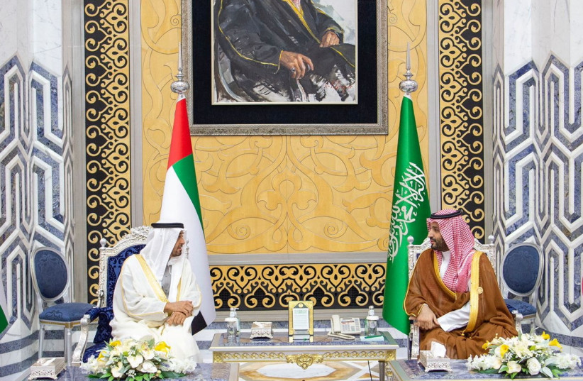  Saudi Crown Prince Mohammed bin Salman receives The President of the United Arab Emirates, Sheikh Mohammed Bin Zayed Al-Nahyan, in Jeddah, Saudi Arabia, July 16, 2022. (photo credit: SAUDI PRESS AGENCY/HANDOUT VIA REUTERS)
