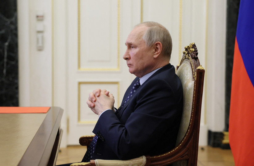  Russian President Vladimir Putin chairs a meeting with members of the Security Council, via video link in Moscow, Russia June 2, 2023.  (photo credit: SPUTNIK/GAVRIIL GRIGOROV/POOL VIA REUTERS)