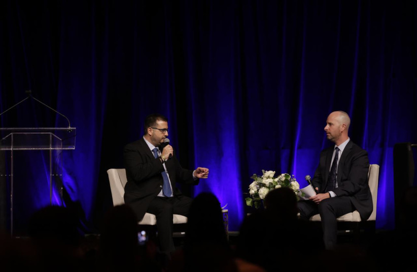  Nofar Energy chairman Ofer Yannay is seen being interviewed by former Jerusalem Post editor-in-chief Yaakov Katz at a gala ahead of The Jerusalem Post Annual Conference in New York, on June 4, 2023. (photo credit: MARC ISRAEL SELLEM/THE JERUSALEM POST)