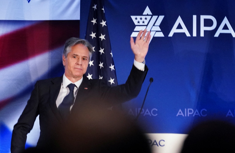 US Secretary of State Antony Blinken waves after delivering remarks at the American Israel Public Affairs Committee (AIPAC) policy Summit in Washington, US, June 5, 2023. (photo credit: REUTERS/KEVIN LAMARQUE)