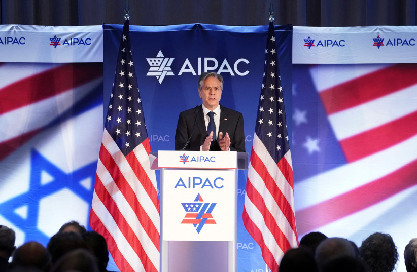 US Secretary of State Antony Blinken delivers remarks at the American Israel Public Affairs Committee (AIPAC) policy Summit in Washington, US, June 5, 2023. (photo credit: REUTERS/KEVIN LAMARQUE)