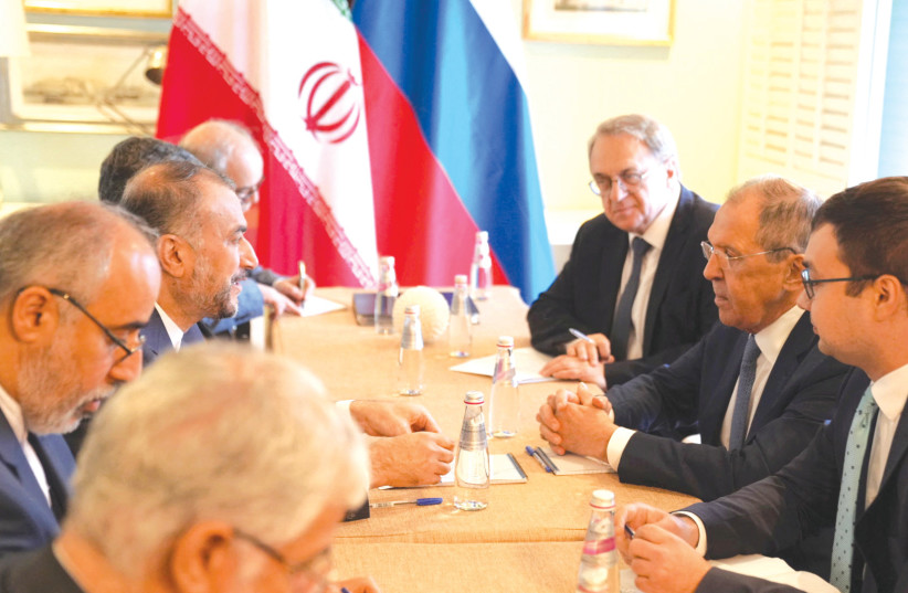  IRANIAN FOREIGN Minister Hossein Amir-Abdollahian meets with Russian counterpart Sergei Lavrov, last week. Iran is encouraged by its partnership with Russia, says the writer. (photo credit: Iran’s Foreign Ministry/West Asia News Agency/Reuters)